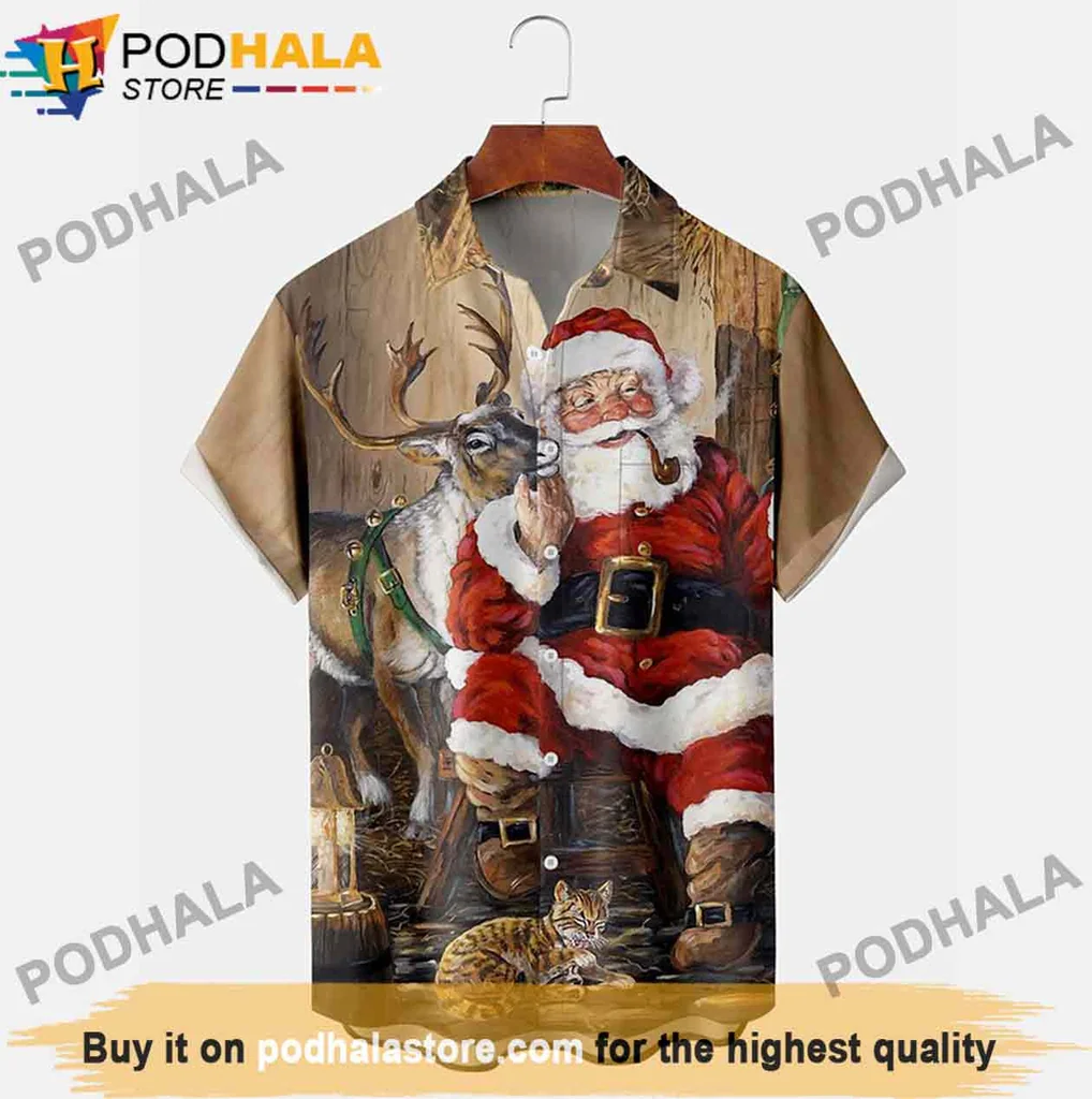 Colorful Santa Claus Hawaiian Shirt, Funny Christmas Gift With Reindeer And Cat