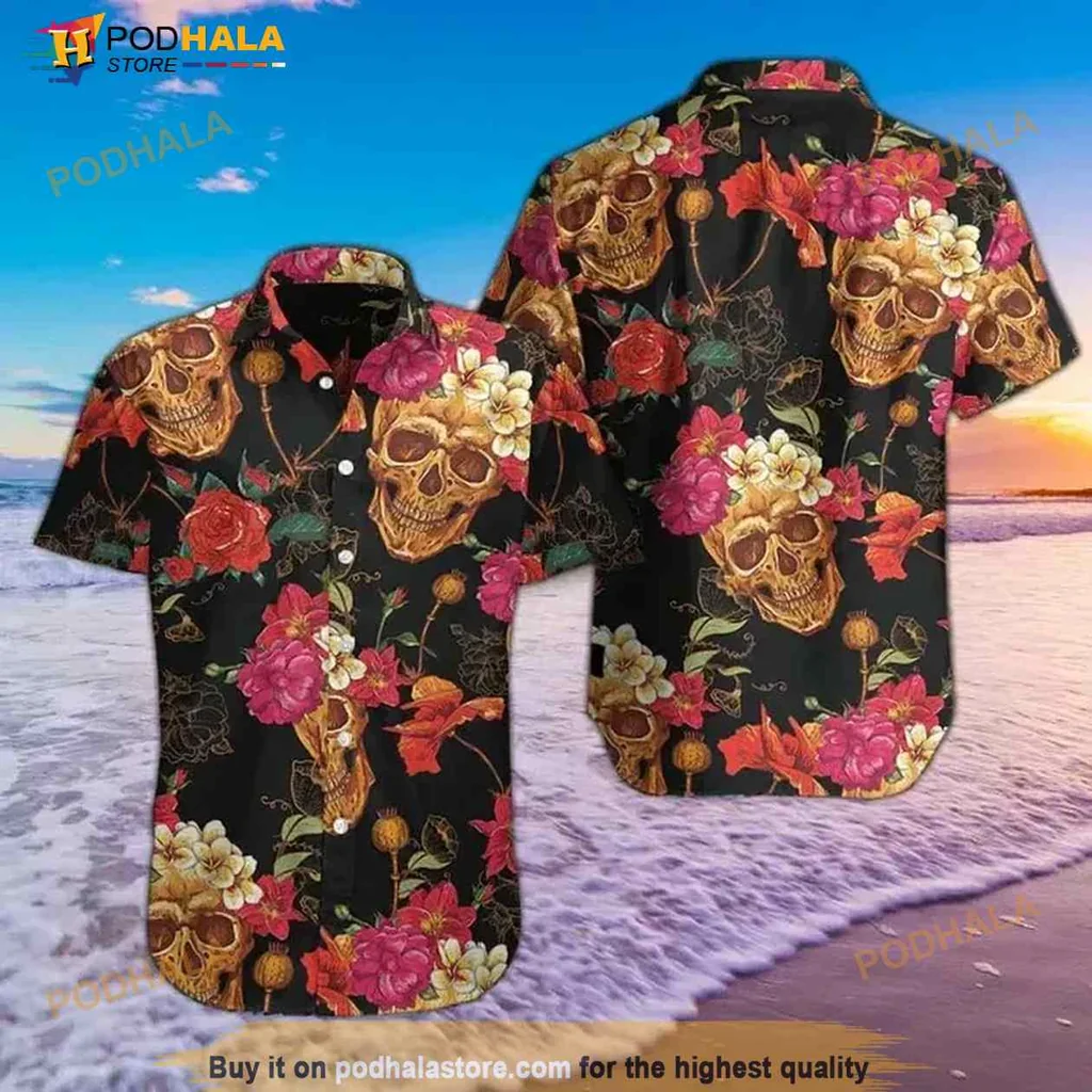 Colorful Skull Hawaiian Shirt With Floral Design For Edgy Fashion Lovers