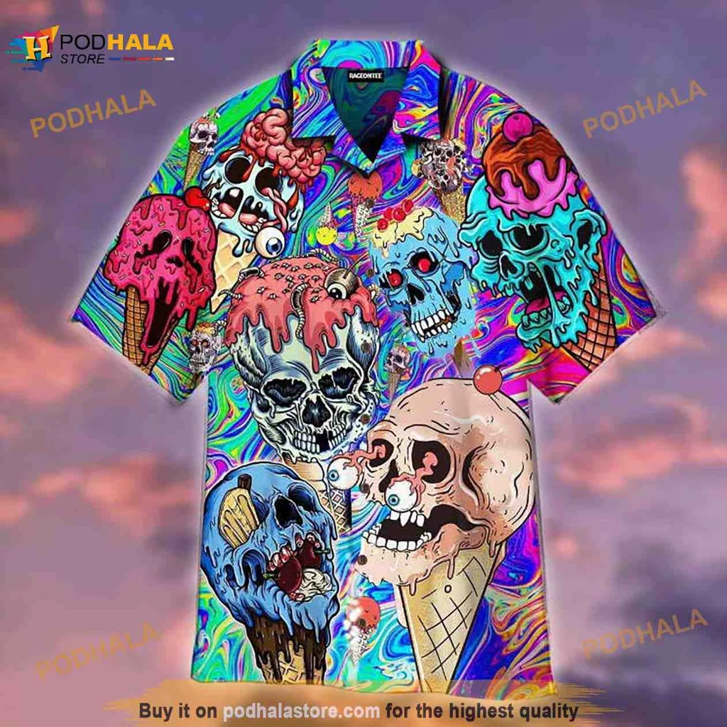 Colorful Skull Ice Cream Hawaiian Shirt With Psychedelic Patterns