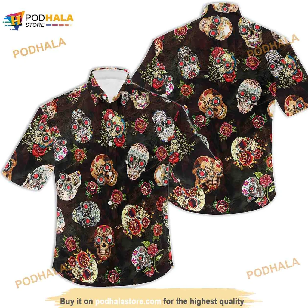 Colorful Skulls Floral Hawaiian Shirt With Vibrant Roses