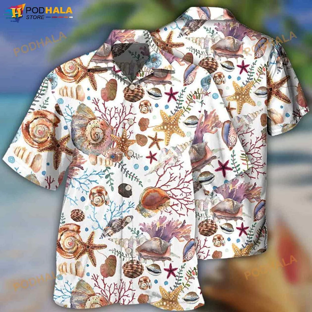Colorful Snail Marine Life Hawaiian Shirt With Seashells And Starfish