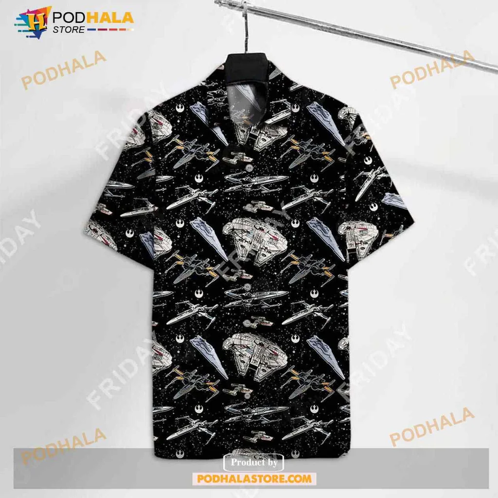 Colorful Spaceships Hawaiian Shirt, Fun Sci Fi Design On Black Background