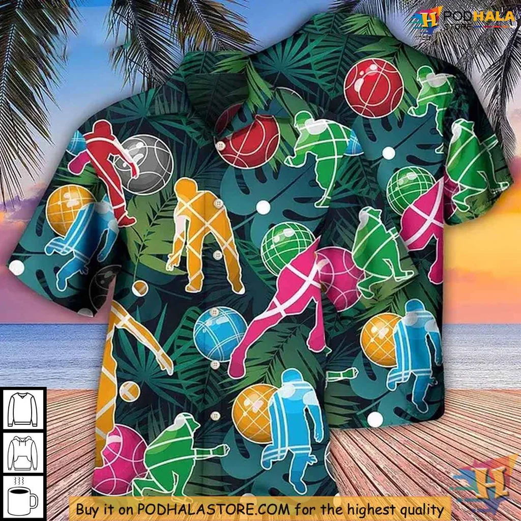 Colorful Sports Themed Aloha Shirt Featuring Vibrant Silhouettes