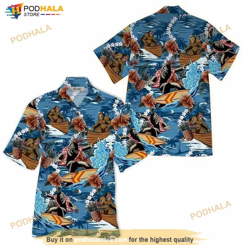 Colorful Surfing Tropical Hawaiian Shirt With Surfers And Palm Trees