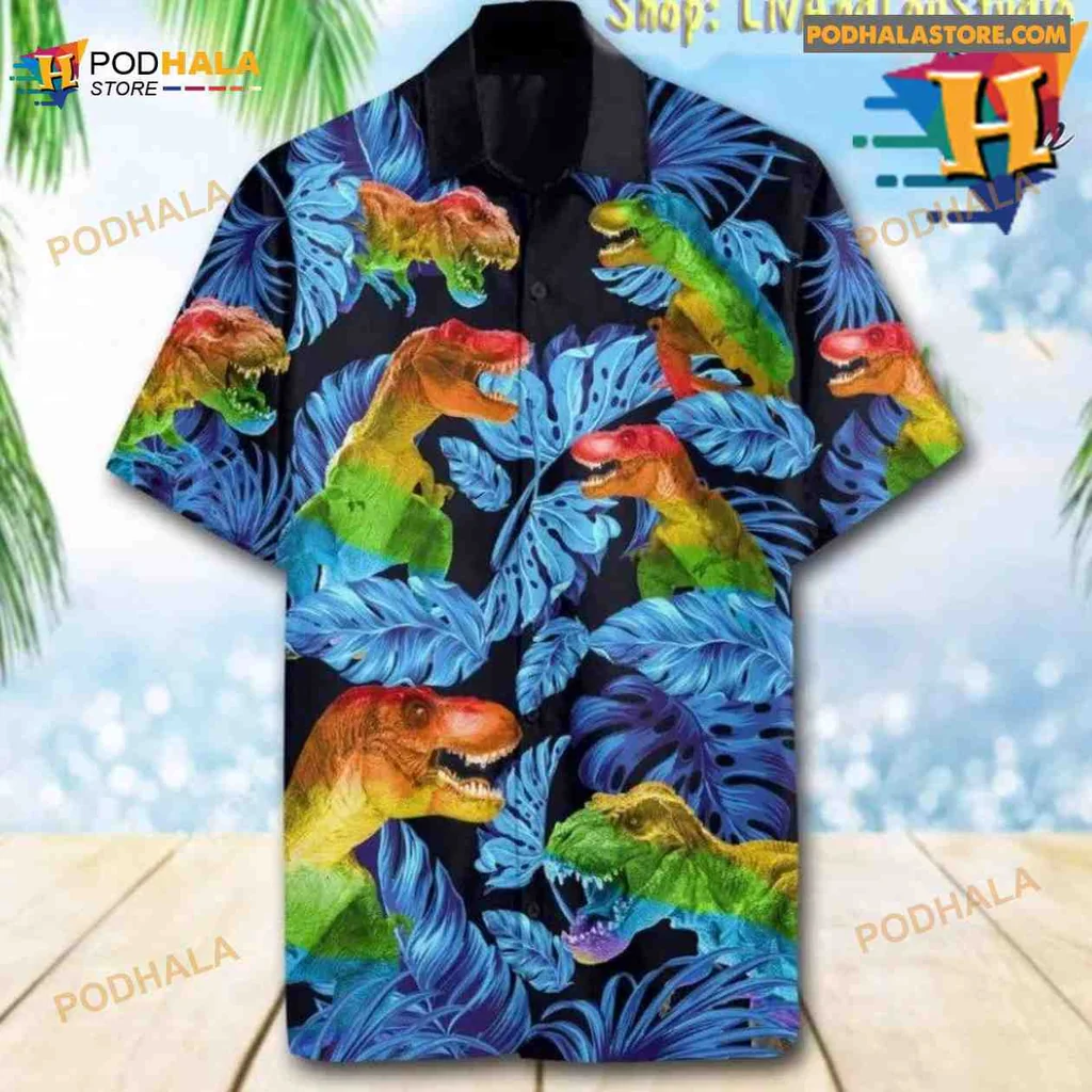 Colorful T Rex Dinosaur Hawaiian Shirt With Tropical Leaves Design