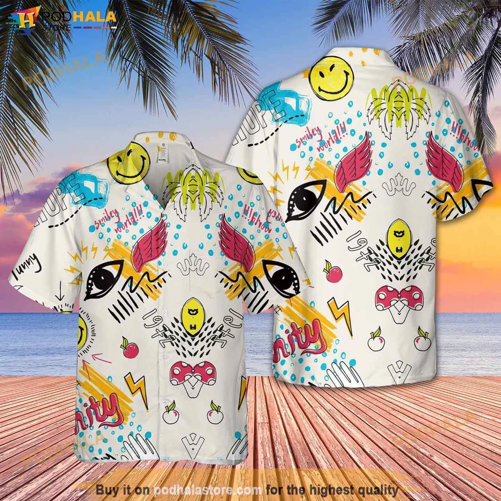 Colorful Tropical Aloha Hawaiian Shirt With Smiley Faces And Vibrant Summer Graphics