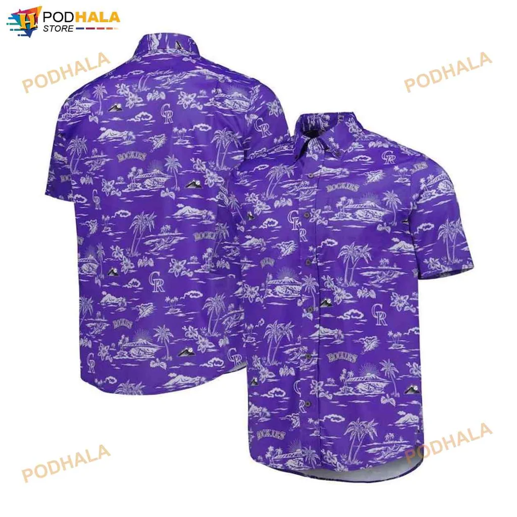 Colorful Tropical Beach Hawaiian Shirt With Purple Background And Palm Trees