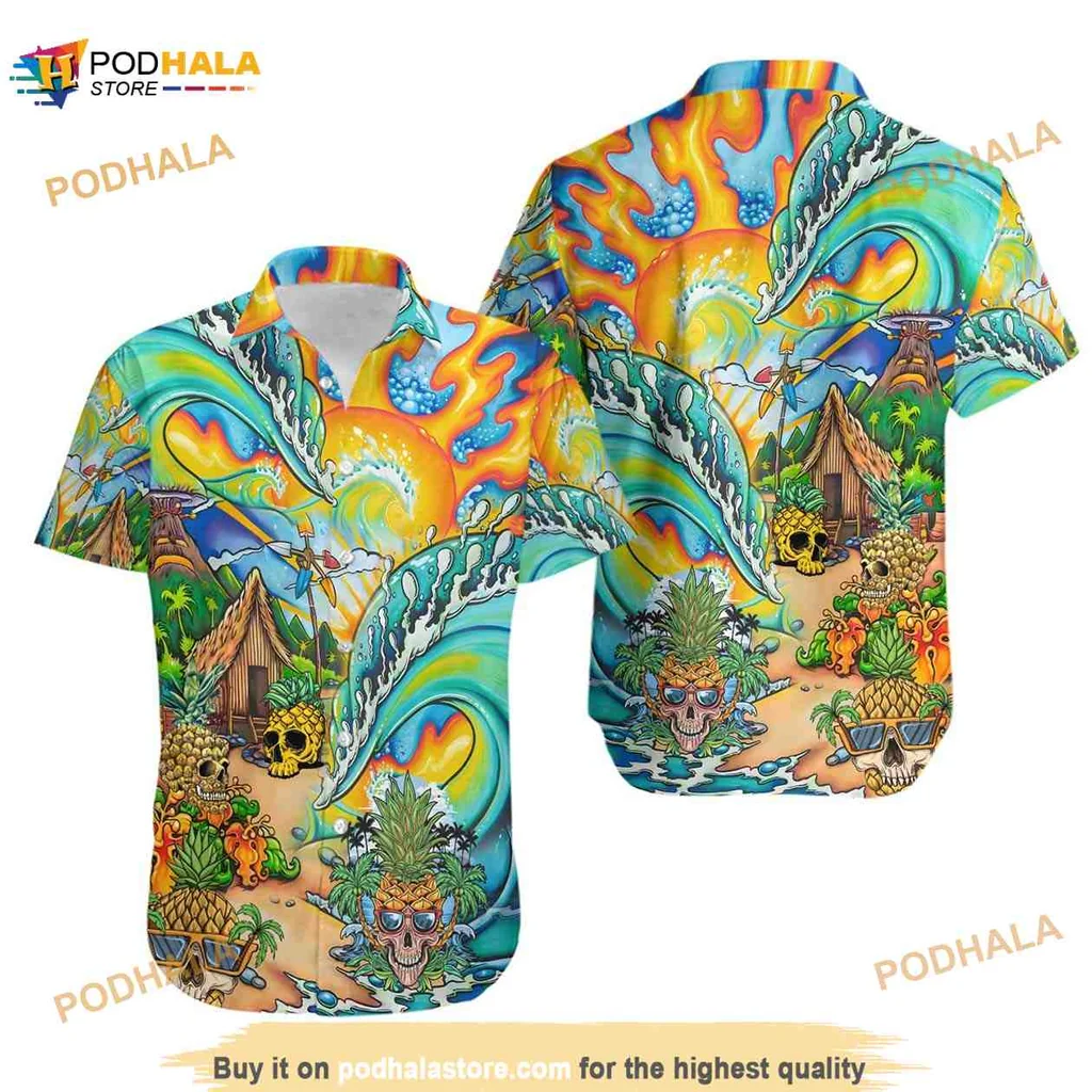 Colorful Tropical Beach Hawaiian Shirt With Vibrant Waves And Tropical Plants