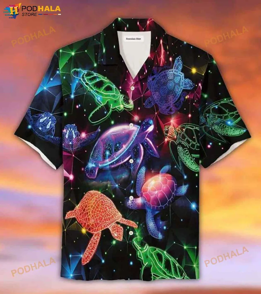 Colorful Turtle Aloha Shirt With Vibrant Neon Design