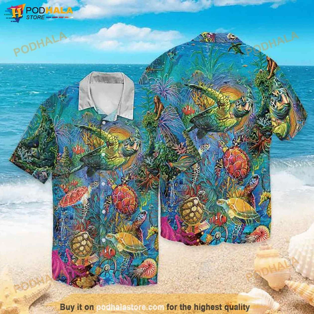 Colorful Turtle Tropical Hawaiian Shirt, Vibrant Marine Life Design For Beach Lovers