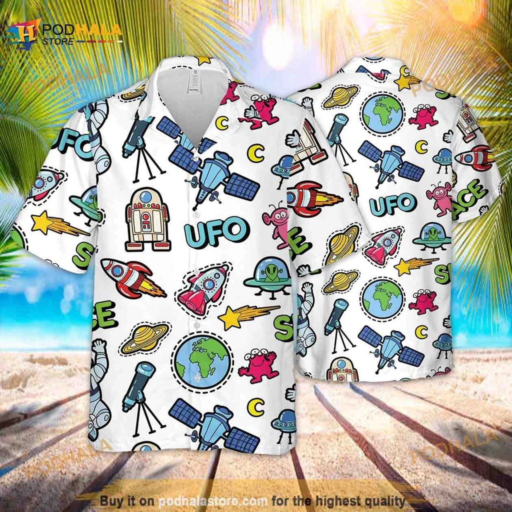 Colorful Ufo Hawaiian Shirt With Whimsical Space Design