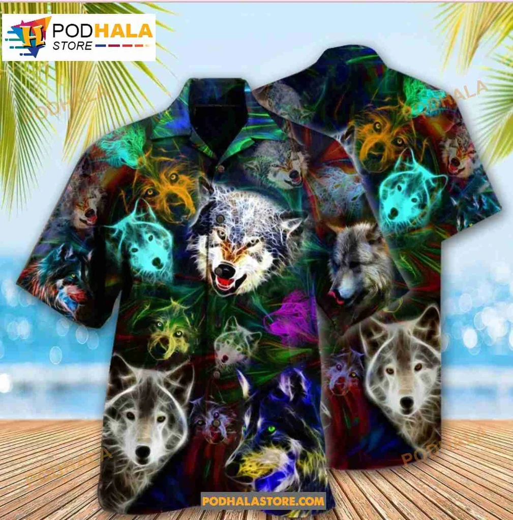 Colorful Wolf Aloha Shirt Featuring Artistic Wolf Designs For Nature Lovers