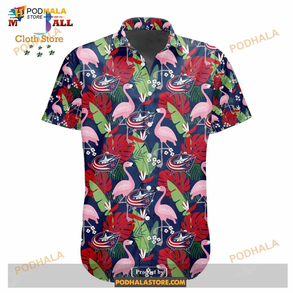 Columbus Blue Jackets Flamingo Hawaiian Shirt With Tropical Leaves And Flowers