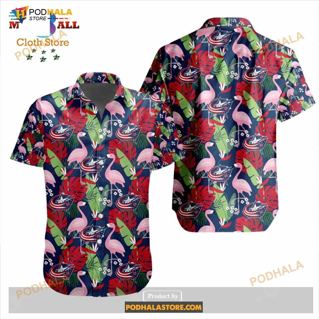Columbus Blue Jackets Flamingo Aloha Shirt With Tropical Leaves And Flowers Columbus Blue Jackets Flamingo Aloha Shirt With Tropical Leaves And Flowers