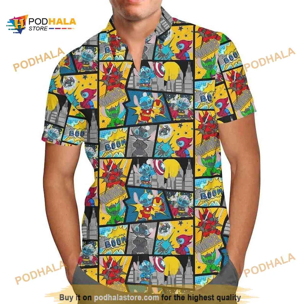 Comic Book Superhero Hawaiian Shirt With Vibrant Illustrations And Action Words