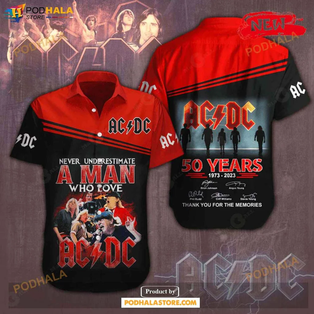 Cool Acdc Aloha Shirt, Never Underestimate A Man Who Loves Rock Music Design