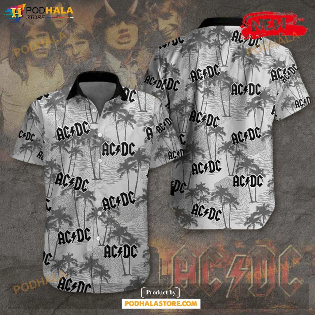 Cool Acdc Aloha Shirt, Rock Music Palm Tree Design White Shirt