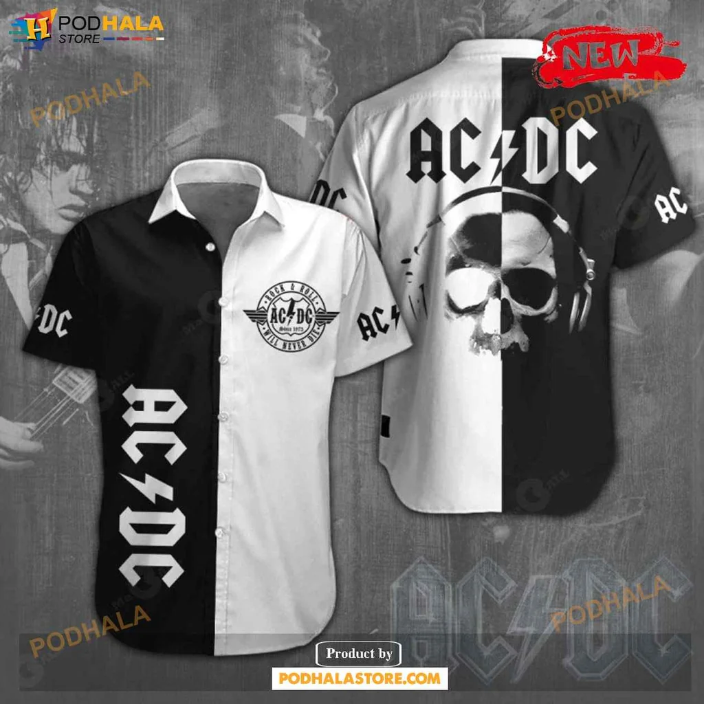 Cool Acdc Aloha Shirt With Bold Skull Design, Black And White Rock Style Shirt