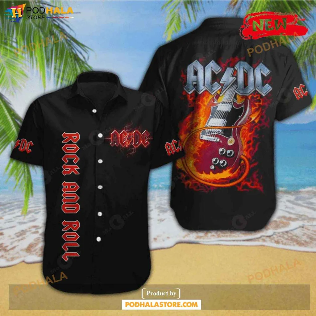 Cool Acdc Rock Aloha Shirt With Guitar Graphic, Black Red White Flames Design