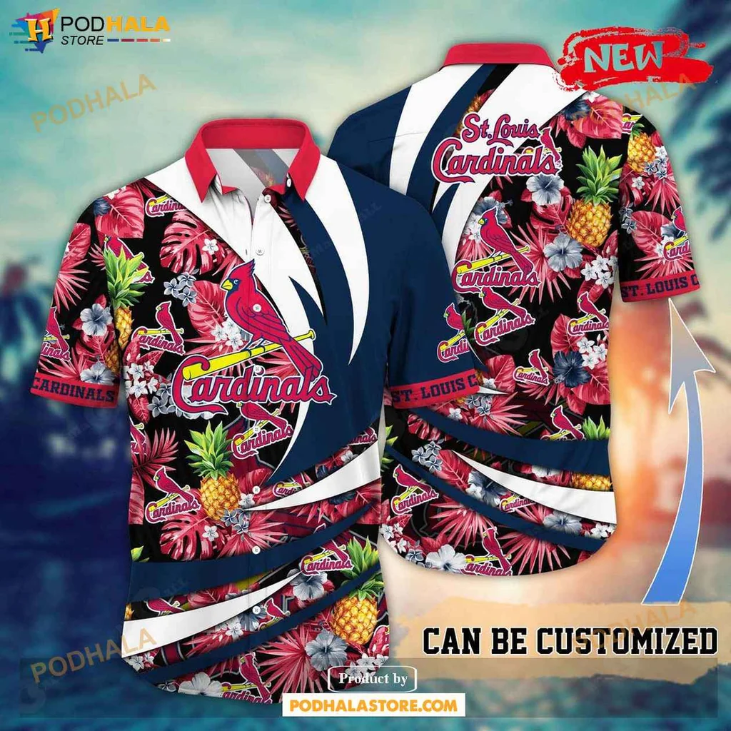 Cool Cardinals Aloha Shirt, Vibrant Floral Pineapple Design Summer Baseball Shirt
