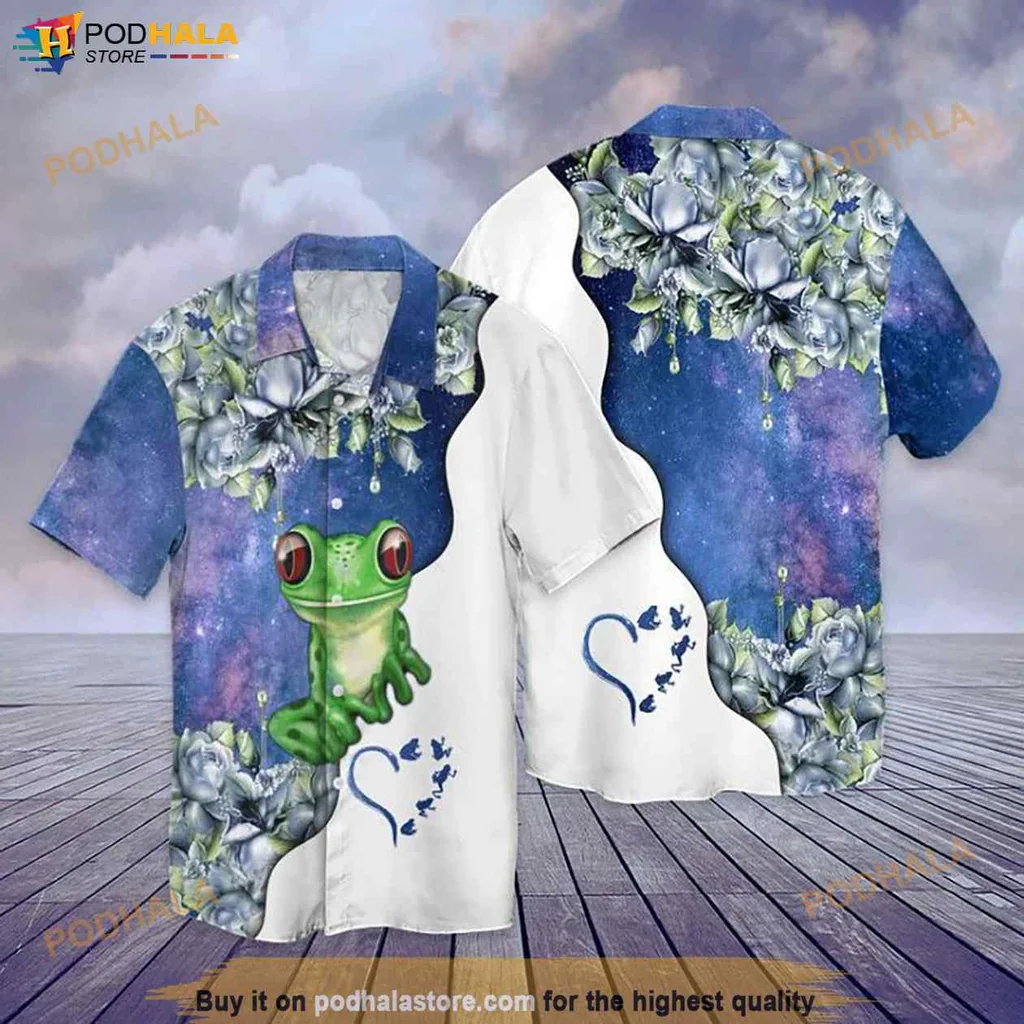 Cool Cartoon Frog Hawaiian Shirt, Vibrant Tropical Design For Beach Fun