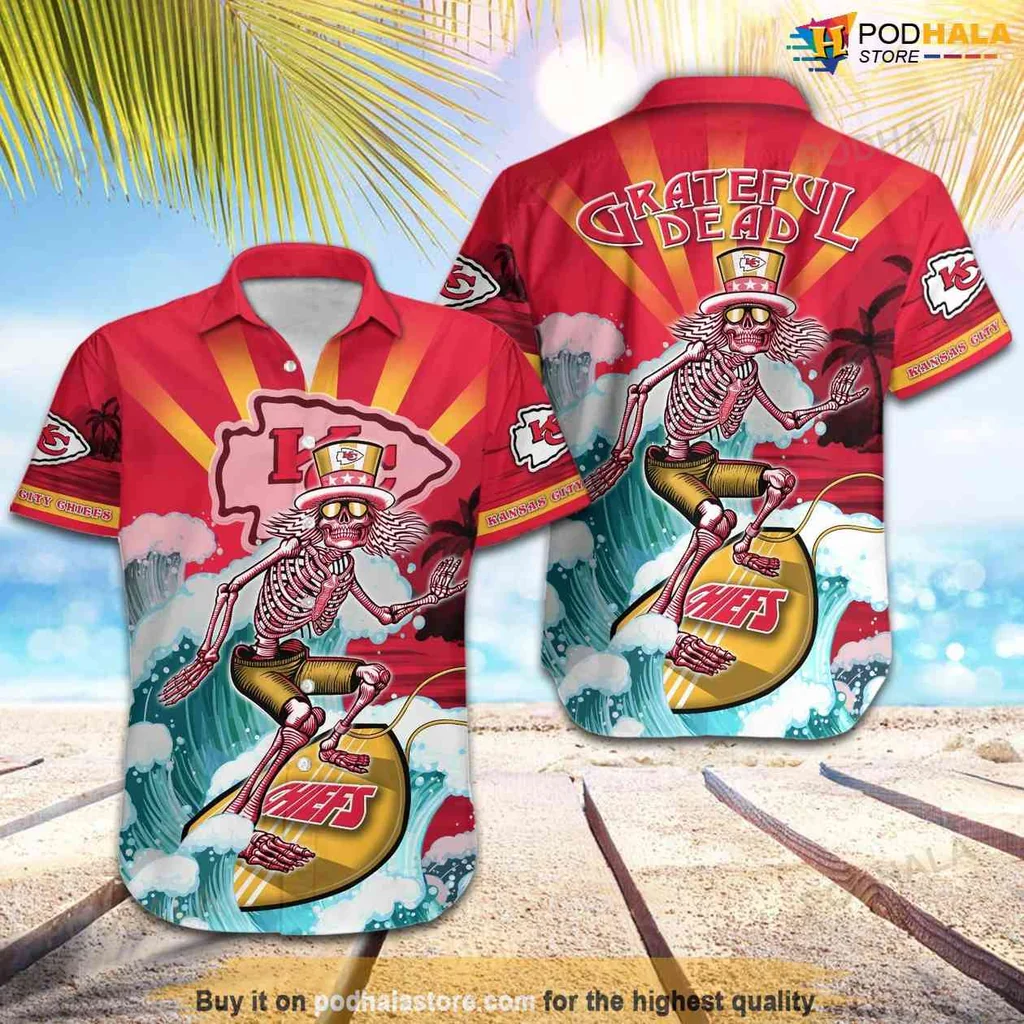 Cool Chiefs Surfing Aloha Shirt, Grateful Dead Skeleton Beach Design, Kc Chiefs Gifts