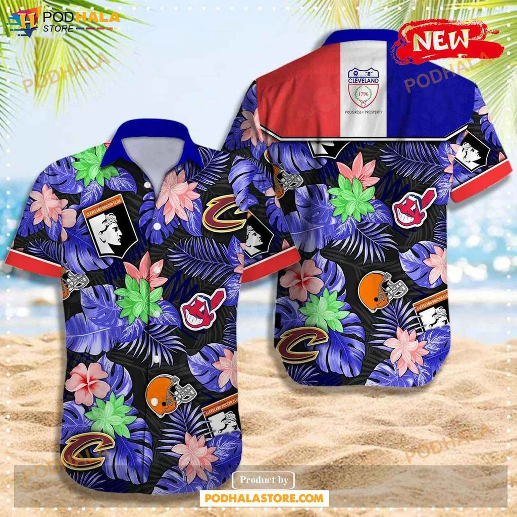 Cool Cleveland Sports Hawaiian Shirt, Vibrant Blue Floral Design With Team Logos