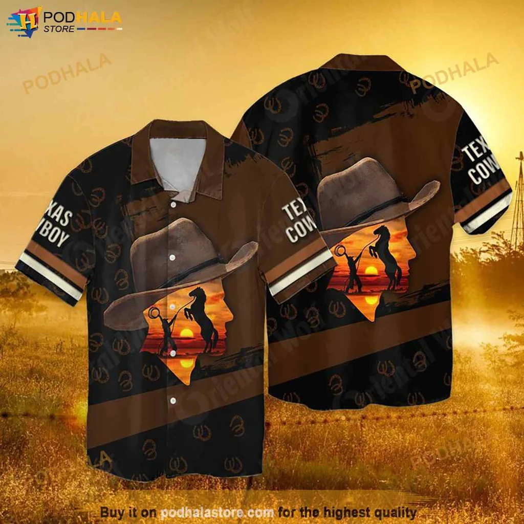 Cool Cowboy Sunset Hawaiian Shirt, Texas Cowboy Design With Lasso And Stripes