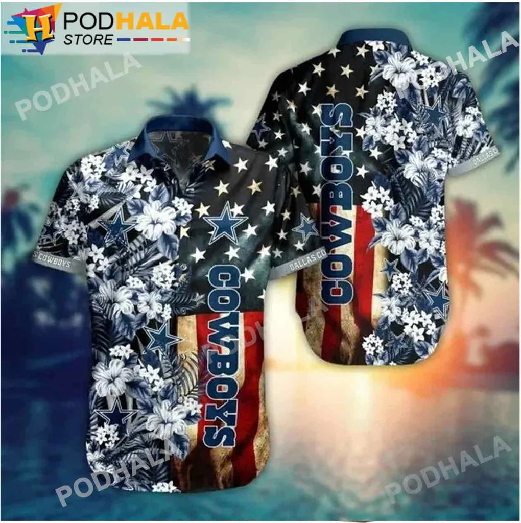Cool Cowboys Floral Hawaiian Shirt, Usa Flag Dallas Cowboys Shirt For Fans