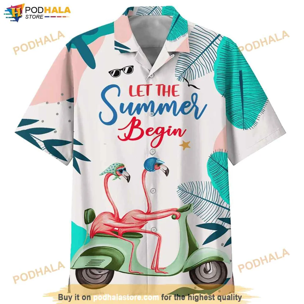 Cool Flamingo Scooter Hawaiian Shirt, Let The Summer Begin Fun Tropical Tee