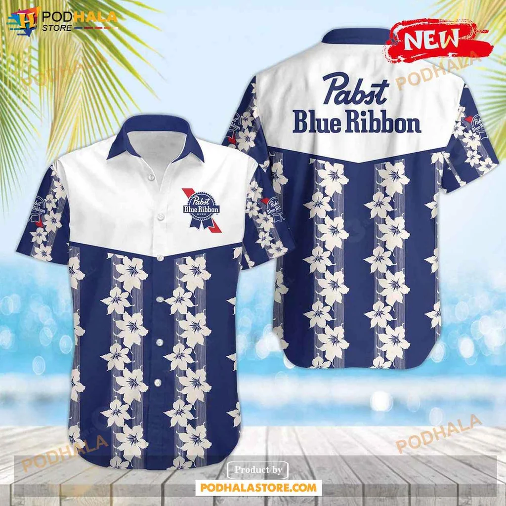 Cool Floral Pabst Blue Ribbon Aloha Shirt With White Flowers On Dark Blue Background