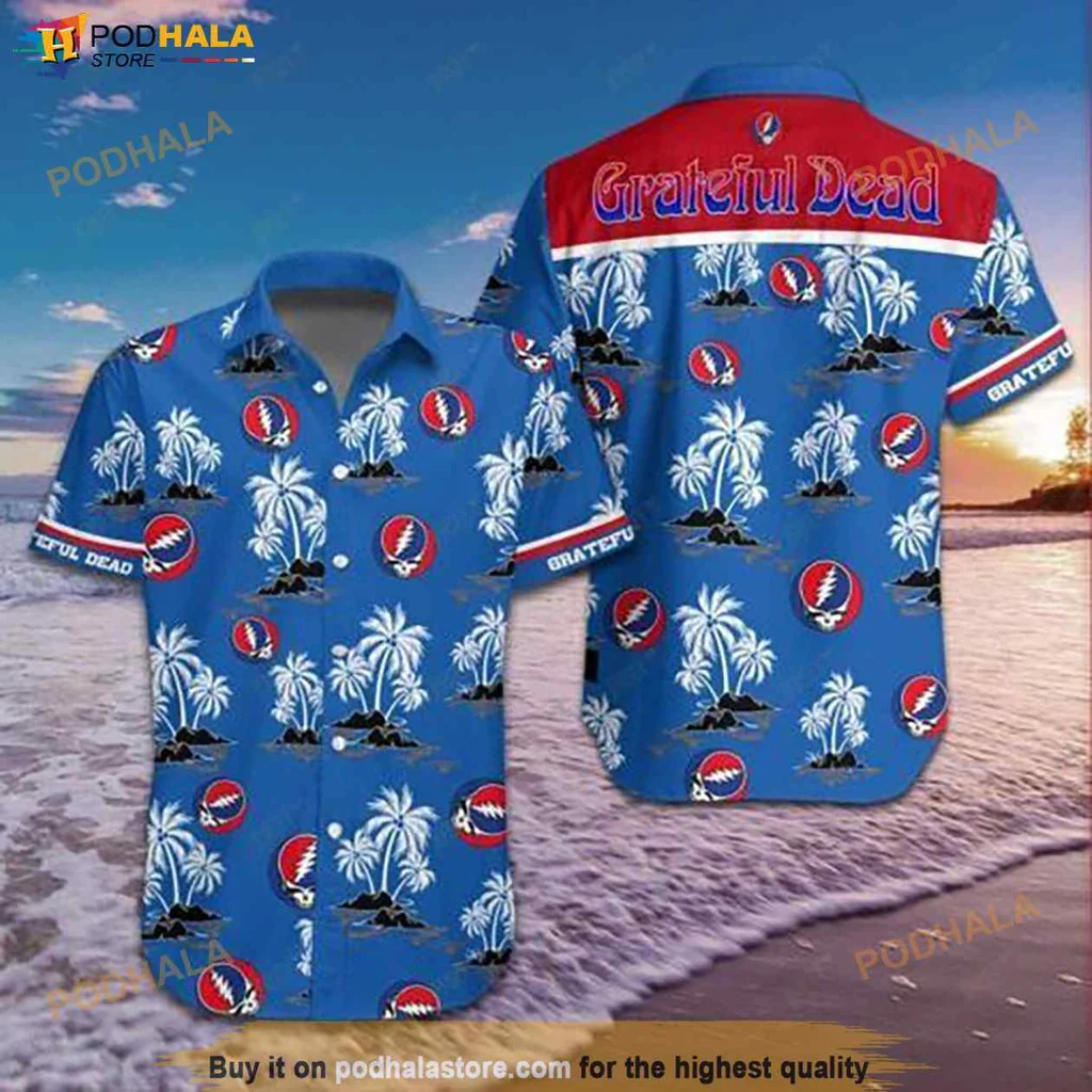 Cool Grateful Dead Hawaiian Shirt, Tropical Design With Palm Trees And Vibrant Colors