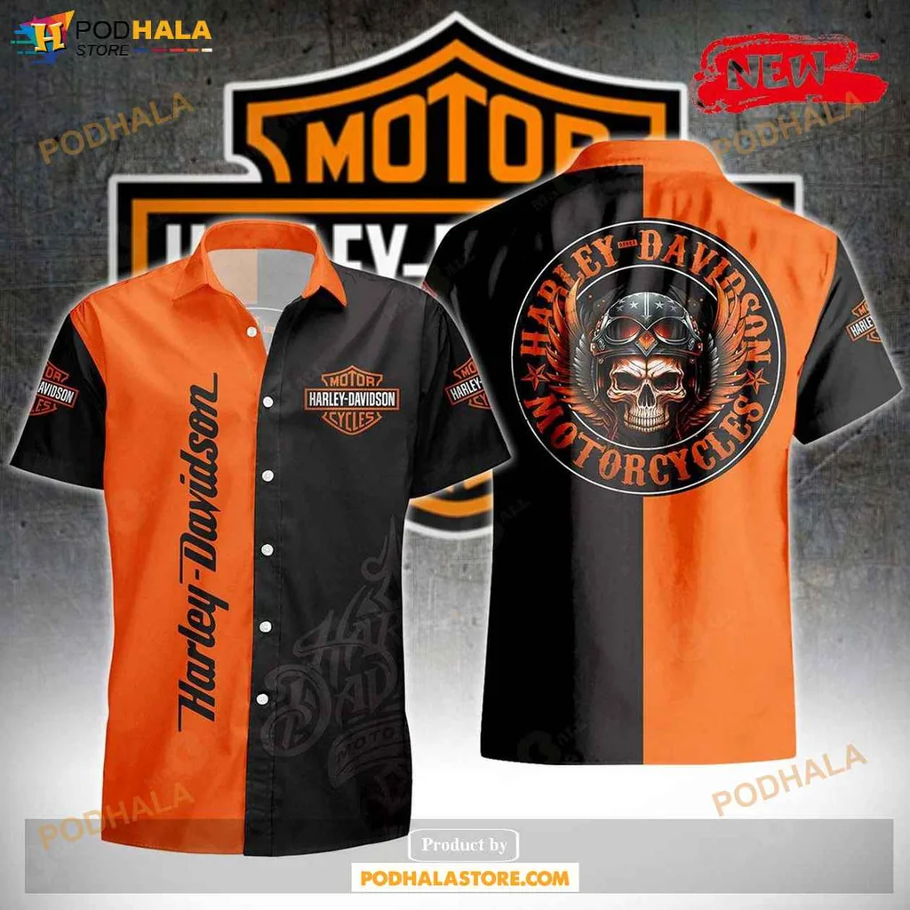 Cool Harley Davidson Hawaiian Shirt, Black And Orange Biker Tee For Men And Women