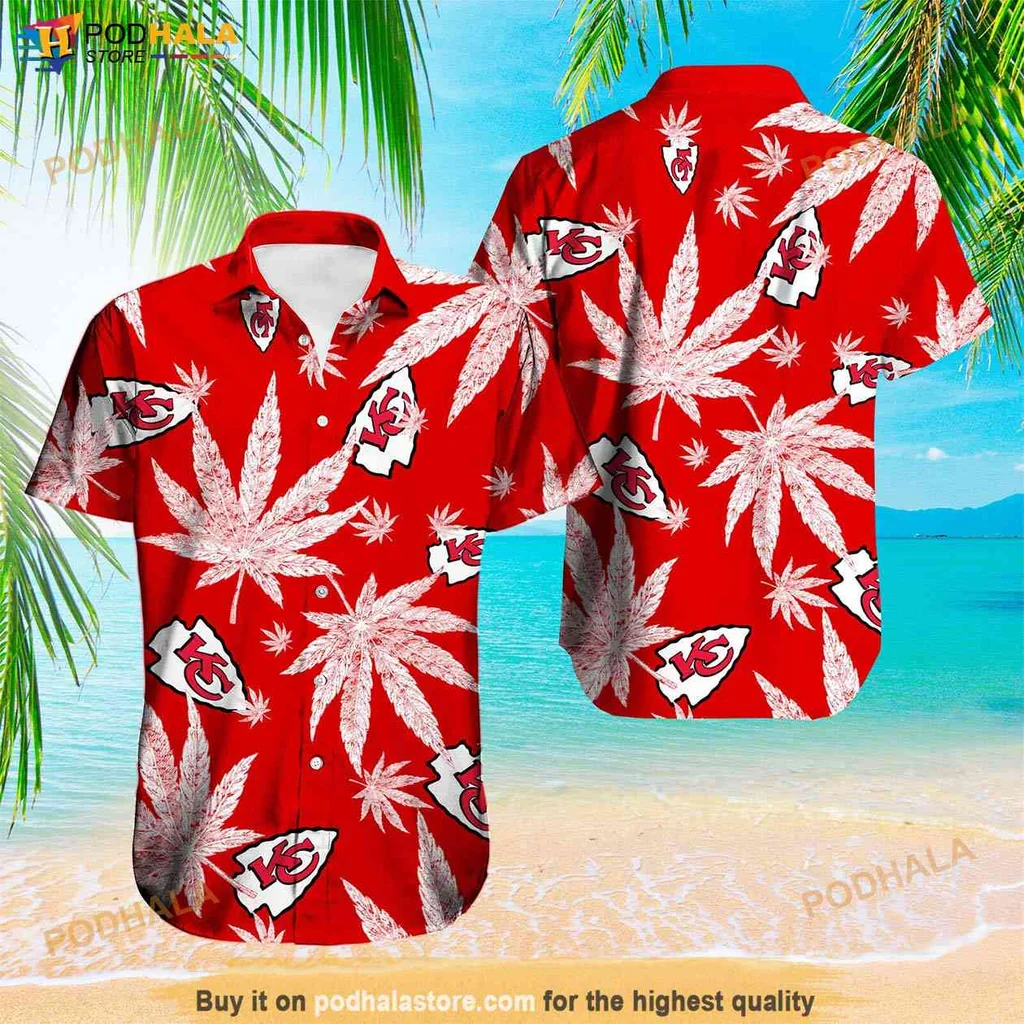 Cool Kansas City Chiefs Hawaiian Shirt, Vibrant Red With Marijuana Leaves And Kc Logo