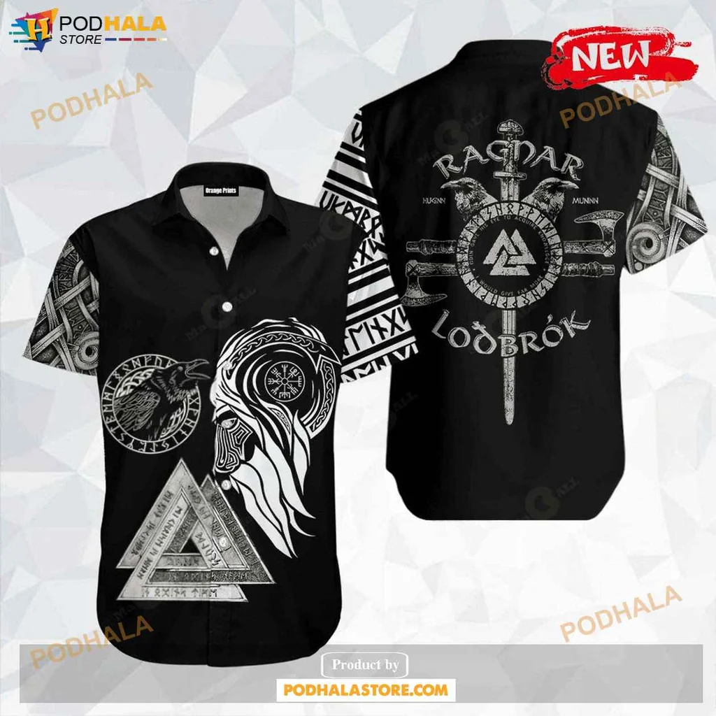 Cool Lion Head Hawaiian Shirt With Viking Design, Black And White Geometric Patterns