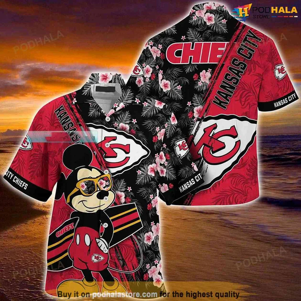 Cool Mickey Mouse Chiefs Aloha Shirt, Kansas City Chiefs Vacation Shirt With Floral Design