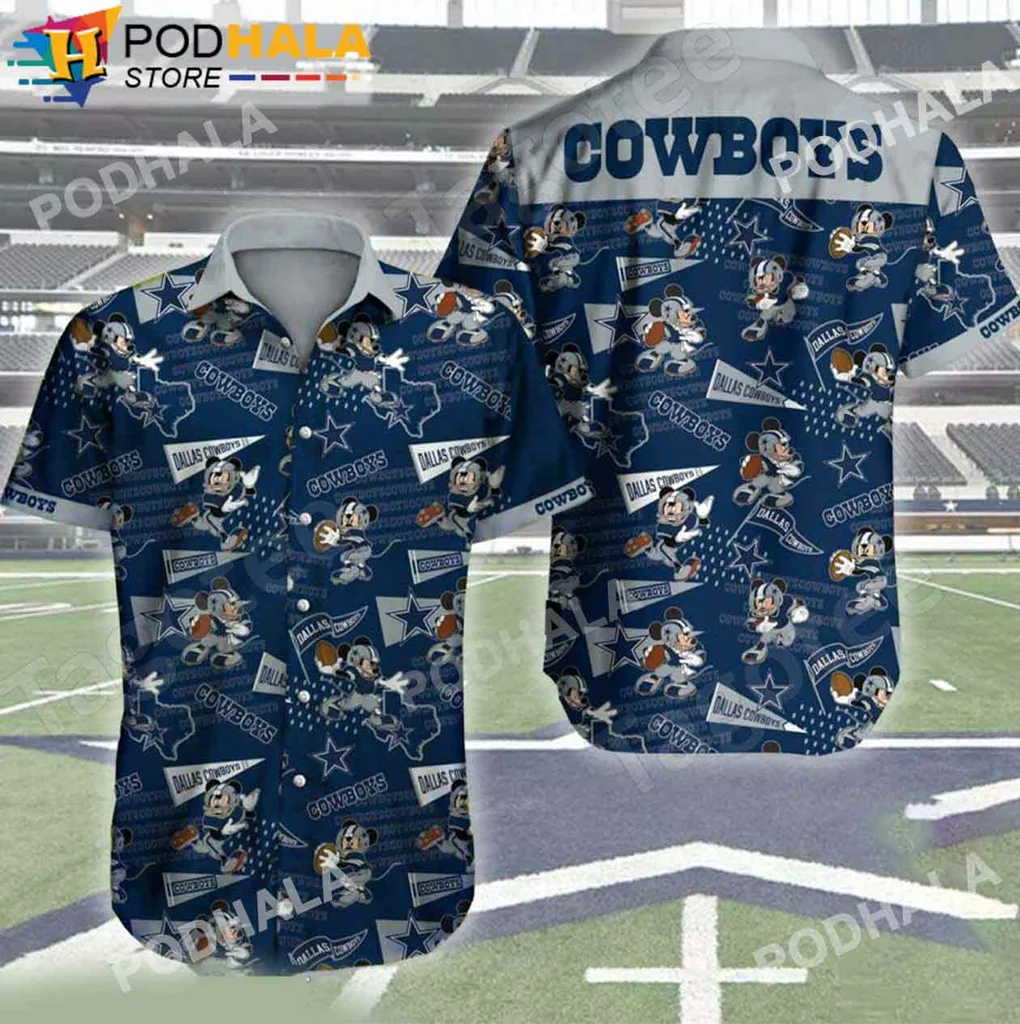 Cool Mickey Mouse Cowboys Hawaiian Shirt, Navy Blue With Playful Dallas Cowboys Design