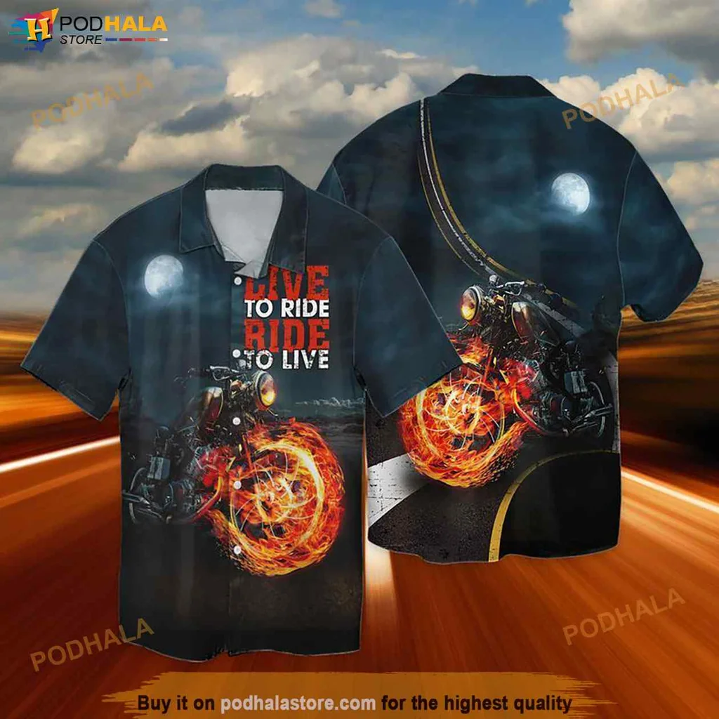 Cool Motorcycle Adventure Hawaiian Shirt, Live To Ride Design With Flames And Moonlit Background