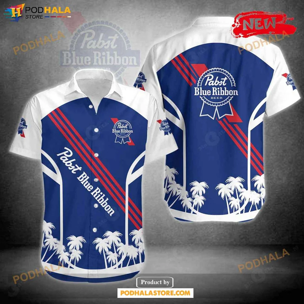 Cool Pabst Blue Ribbon Aloha Shirt With Tropical Palm Trees And Sporty Red Stripes