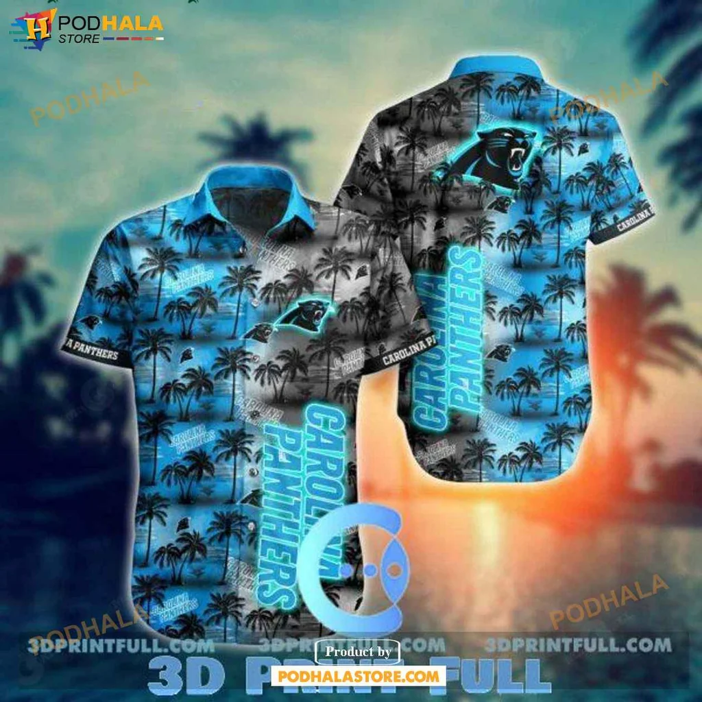 Cool Panthers Tropical Shirt, Vibrant Carolina Panthers Design With Palm Trees