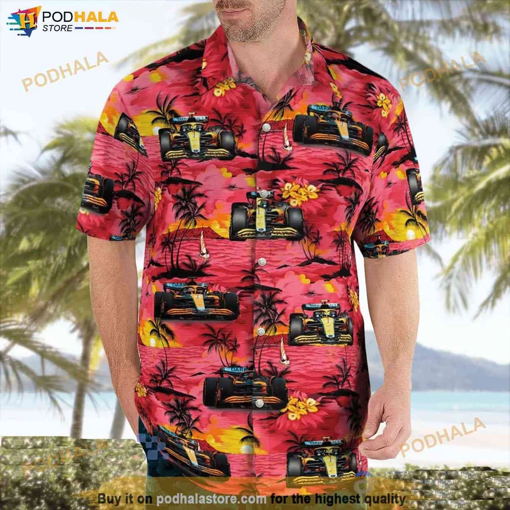 Cool Racing Car Hawaiian Shirt, Vibrant Formula 1 Design With Tropical Scenery