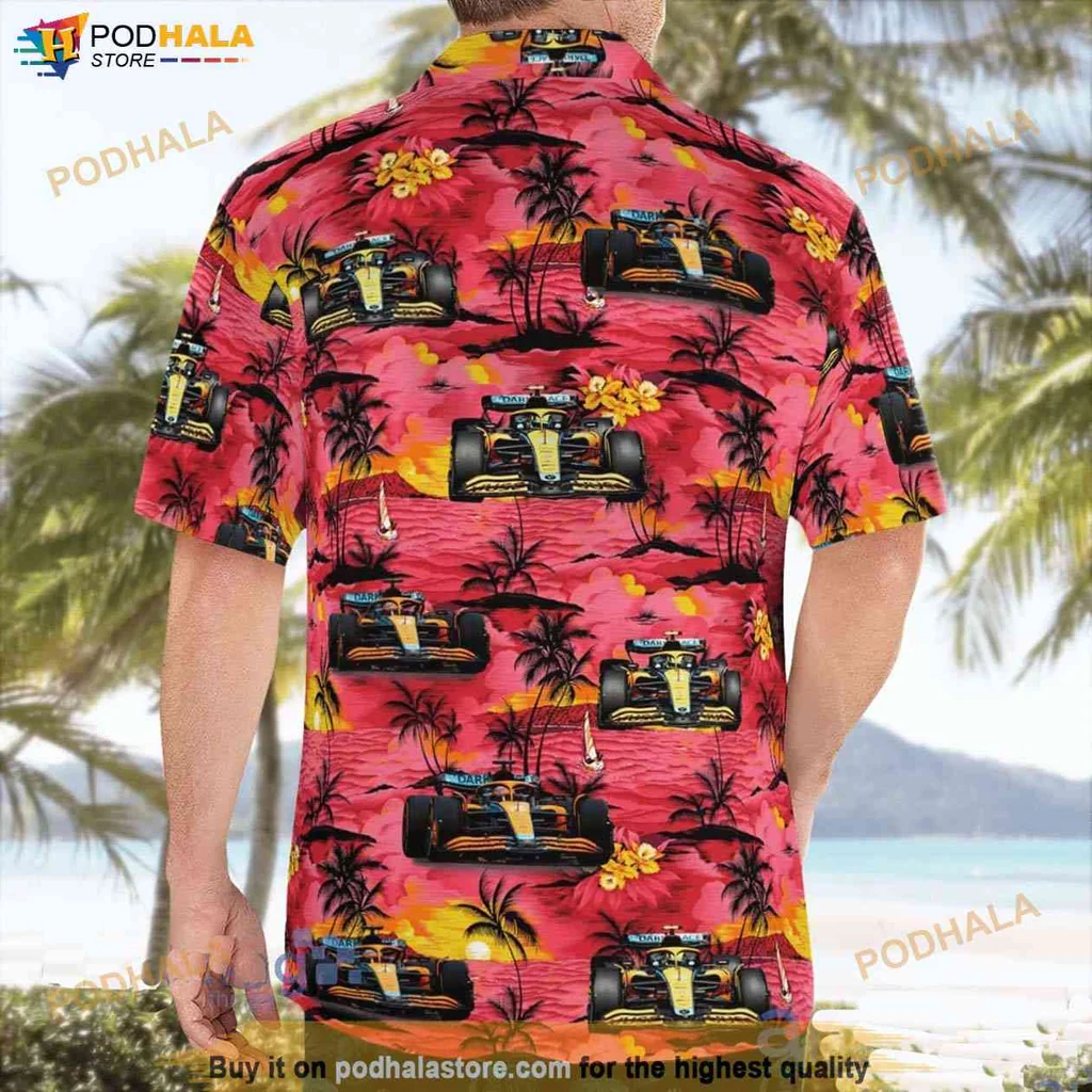 Cool Racing Car Aloha Shirt, Vibrant Formula 1 Design With Tropical Scenery Cool Racing Car Aloha Shirt, Vibrant Formula 1 Design With Tropical Scenery