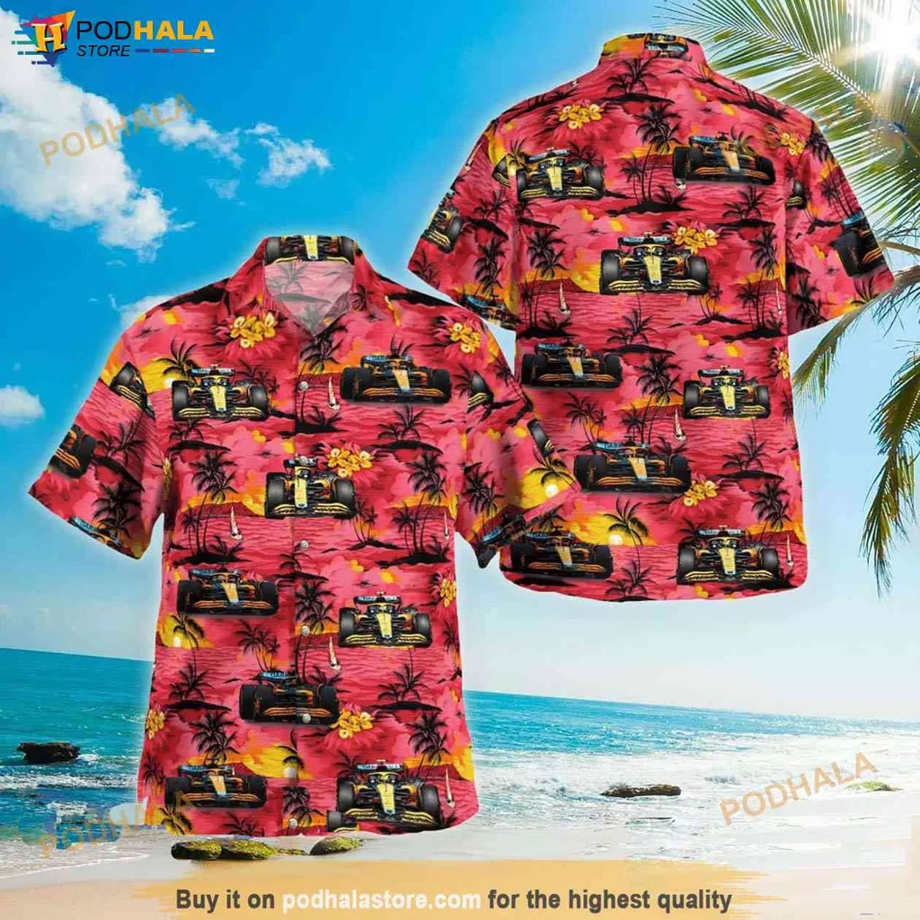 Cool Racing Car Tropical Shirt, Vibrant Formula 1 Design With Tropical Scenery Cool Racing Car Tropical Shirt, Vibrant Formula 1 Design With Tropical Scenery