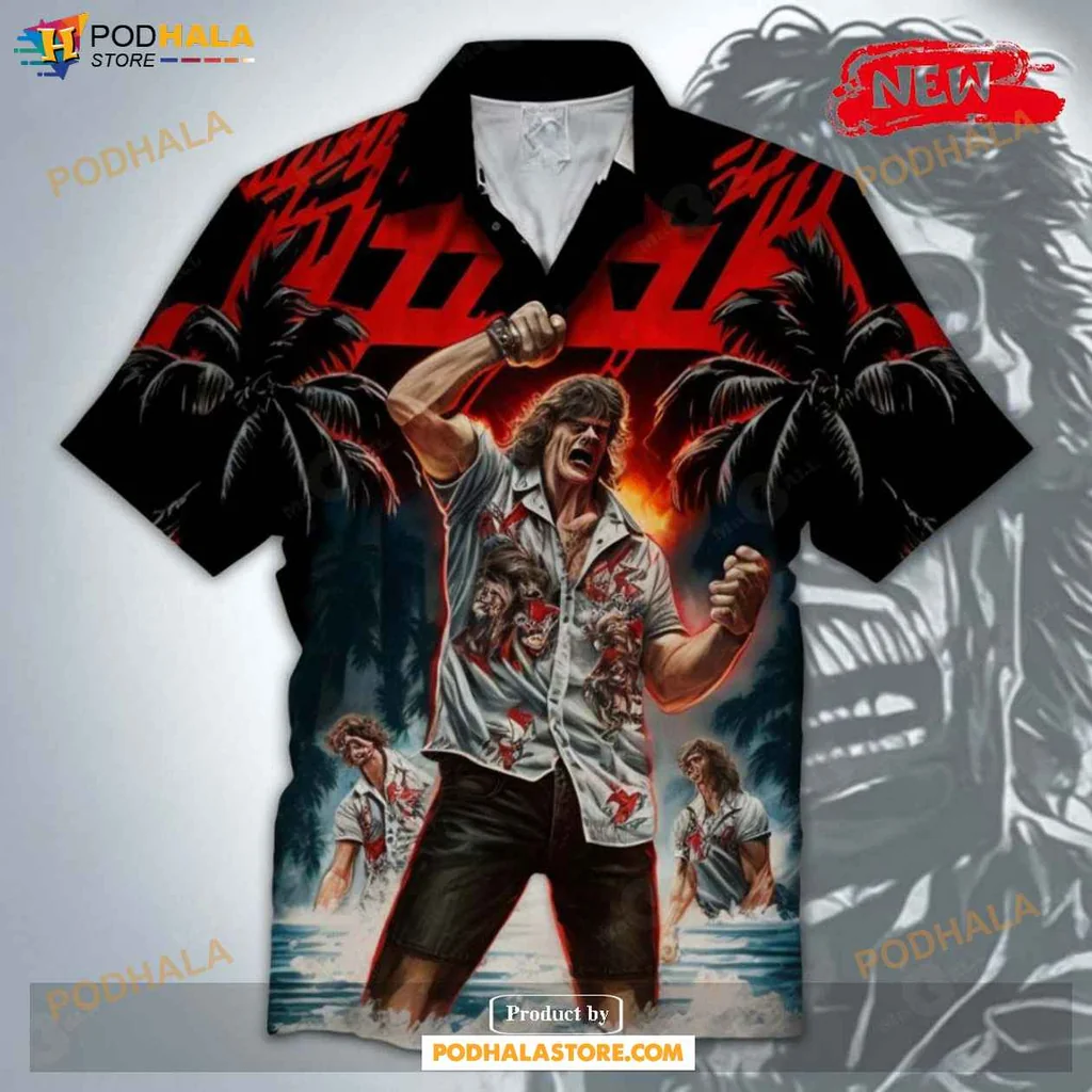 Cool Rockstar Aloha Shirt With Vibrant Palm Tree Graphic And Muscular Performer Design