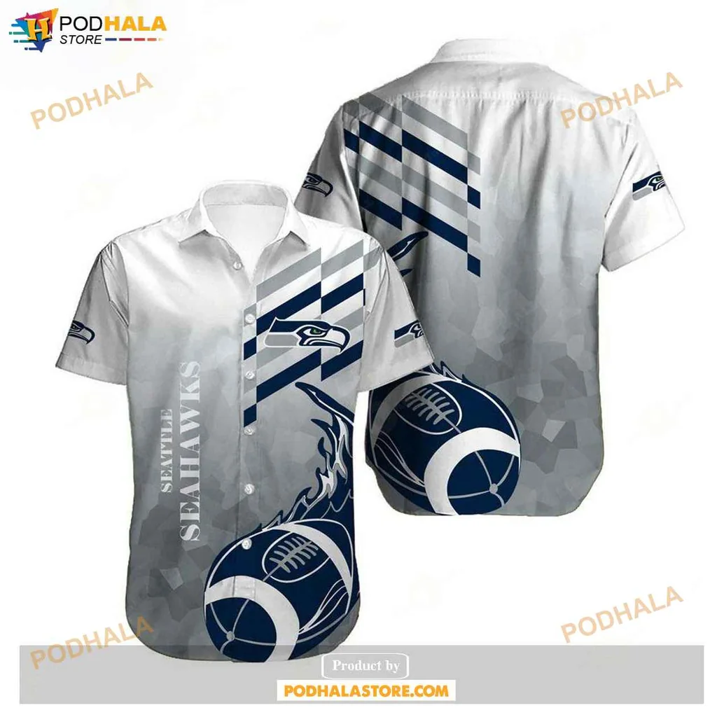 Cool Seahawks Fan Hawaiian Shirt, Navy Blue Geometric Design With Football Logo