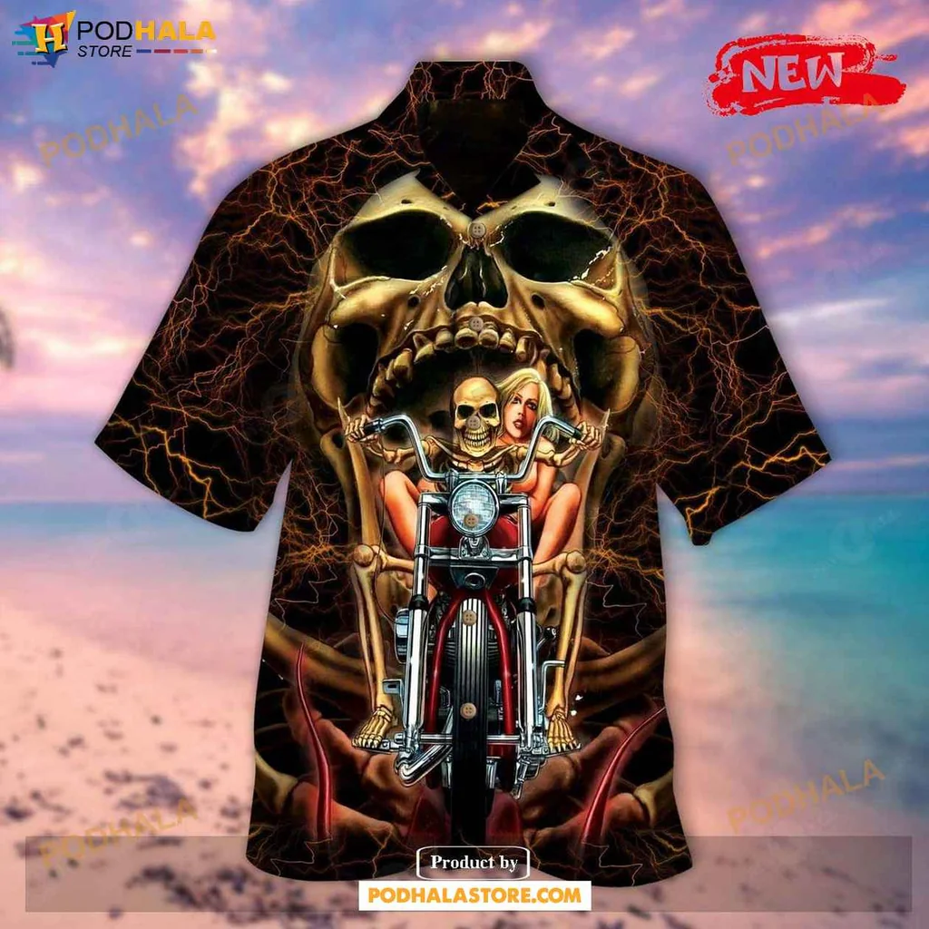 Cool Skeleton Motorcycle Hawaiian Shirt, Edgy Skull Graphic For Men And Women