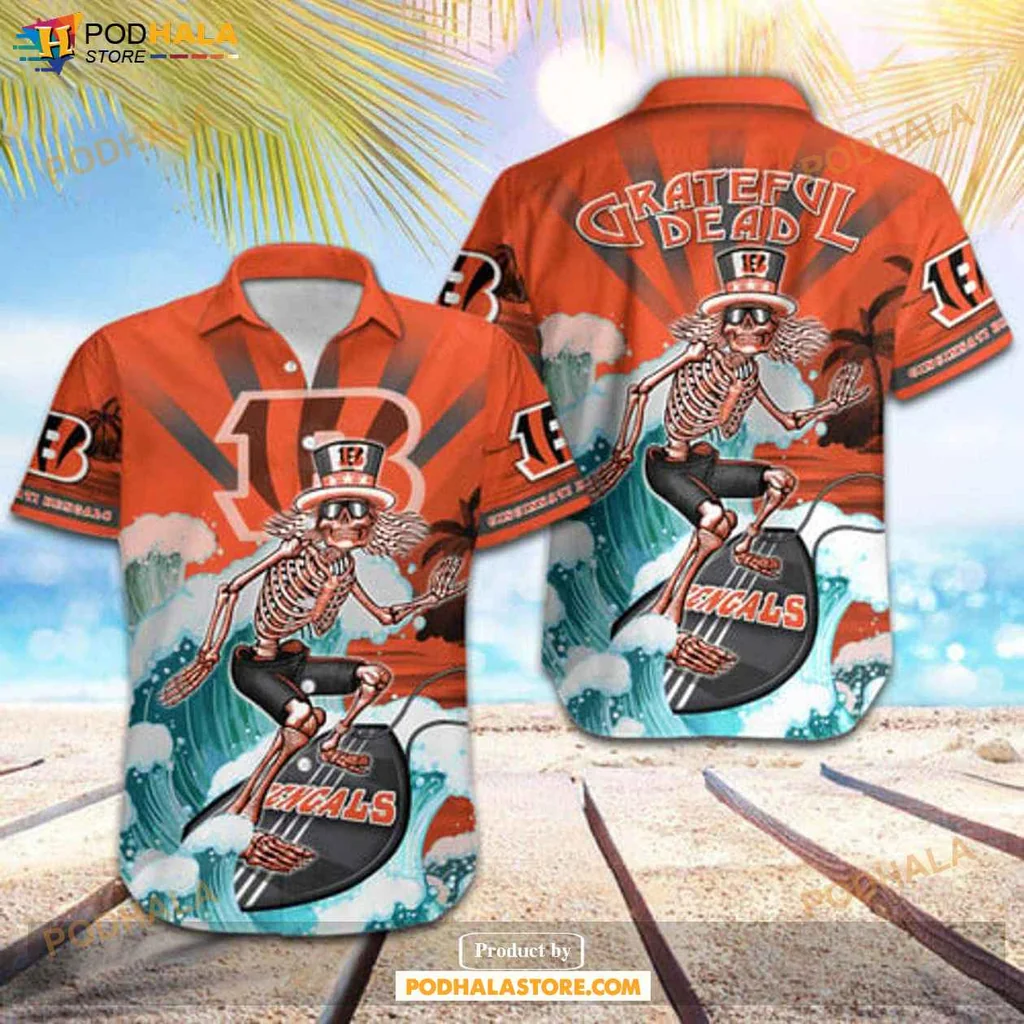 Cool Skeleton Skateboard Hawaiian Shirt, Cincinnati Bengals Tropical Design Shirt