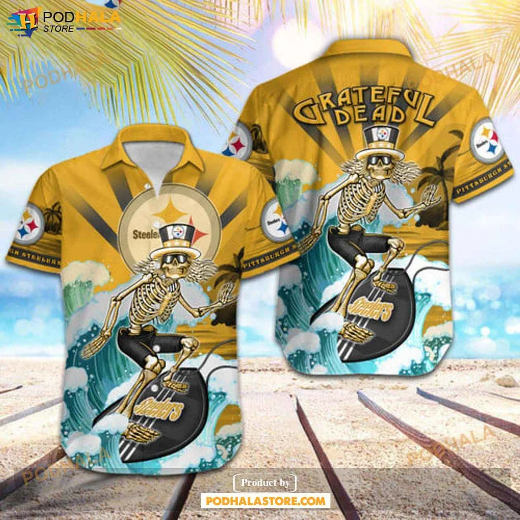 Cool Skeleton Skateboard Hawaiian Shirt, Pittsburgh Steelers Surf Style Tee
