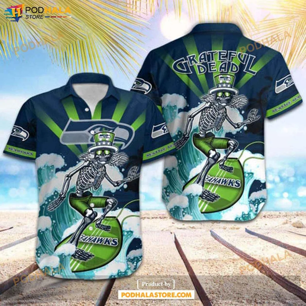 Cool Skeleton Skateboard Hawaiian Shirt, Seattle Seahawks Graphic Tee