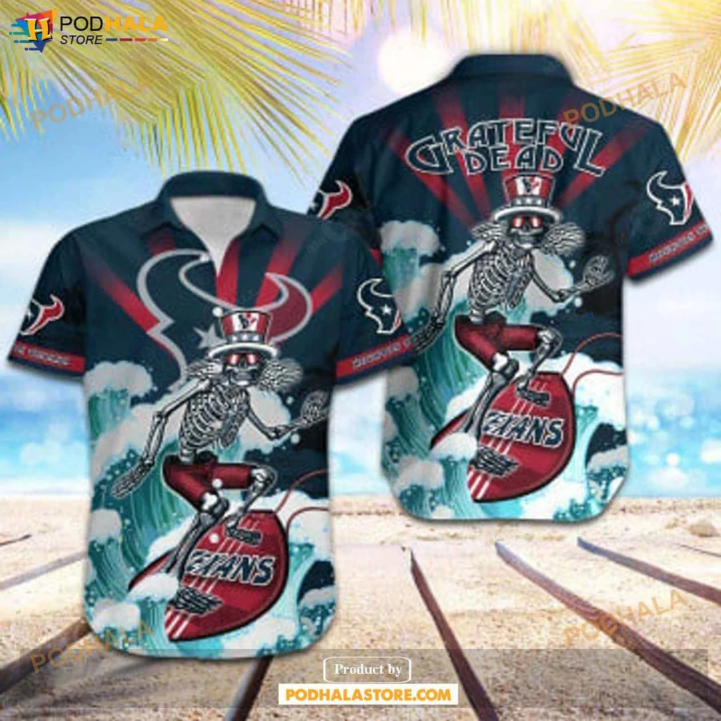 Cool Skeleton Surf Hawaiian Shirt, Houston Texans Skateboard Design For Fans